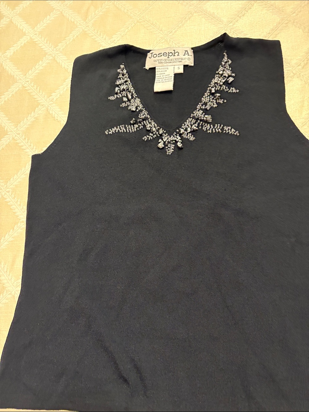 Joseph A Vintage Black Sleeveless Knit Top with Beaded V-Neck